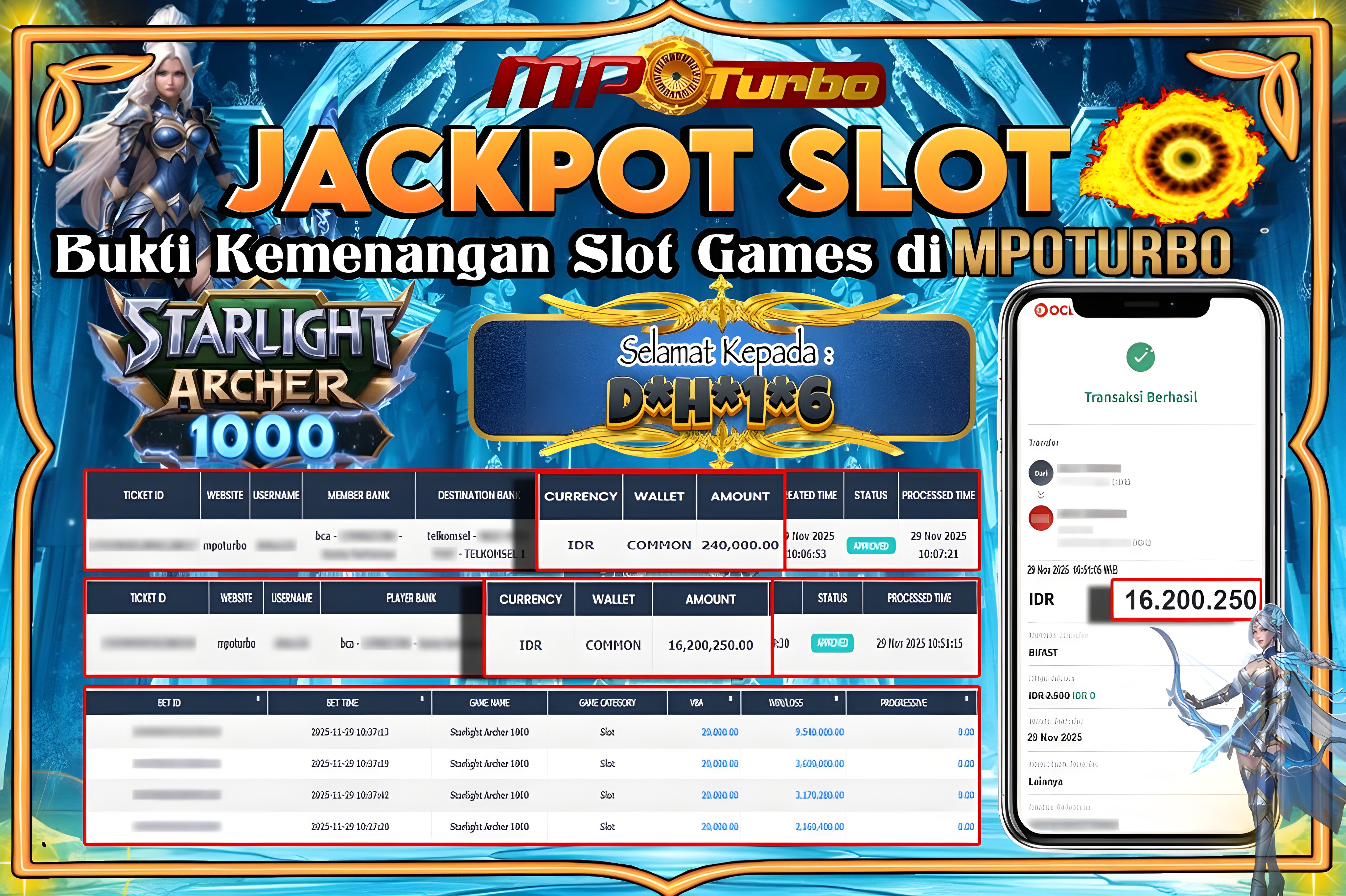 MPOTURBO JACKPOT STARLIGHT ARCHER 1000 - PRAGMATIC PLAY Rp 16,200,250.00,- LUNAS